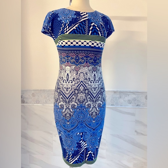 Cap Sleeves Geo Paisley Midi Bodycon Dress Sz S/M - Picture 1 of 13